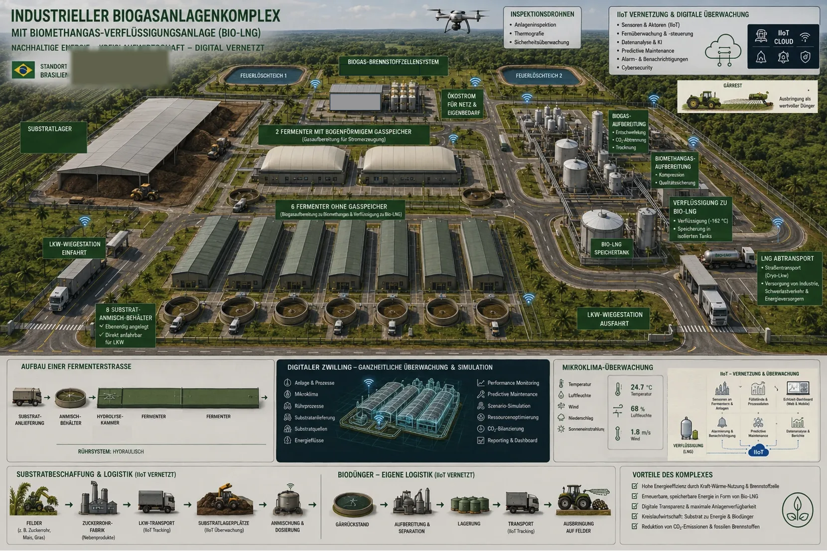 Gesamtdarstellung des Anlagenkomplexes — Substratlager, Fermenter mit Gasspeicher, Gas-Aufbereitung, Bio-LNG-Verflüssigung, Logistik und digitale Überwachung