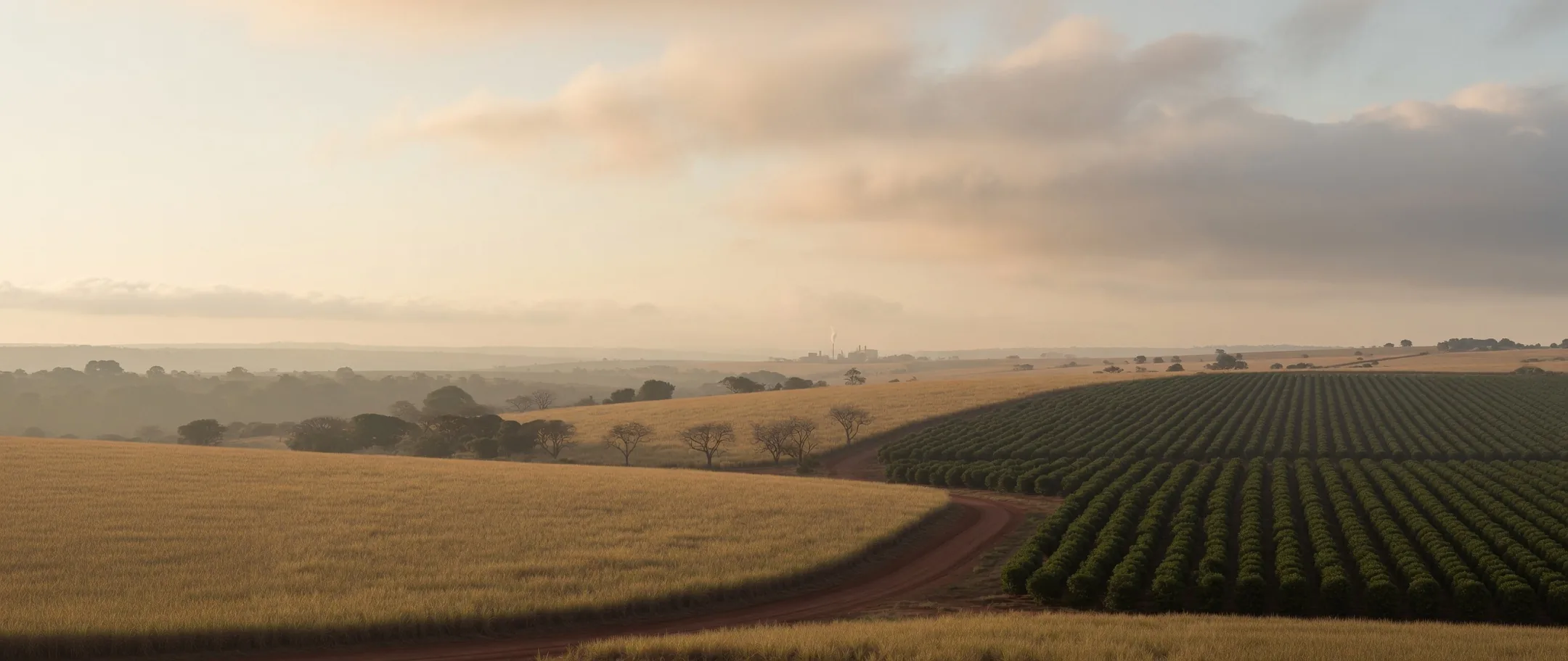 Weite Agro-Landschaft im Interior von São Paulo mit Zuckerrohr- und Citrusfeldern im Morgenlicht