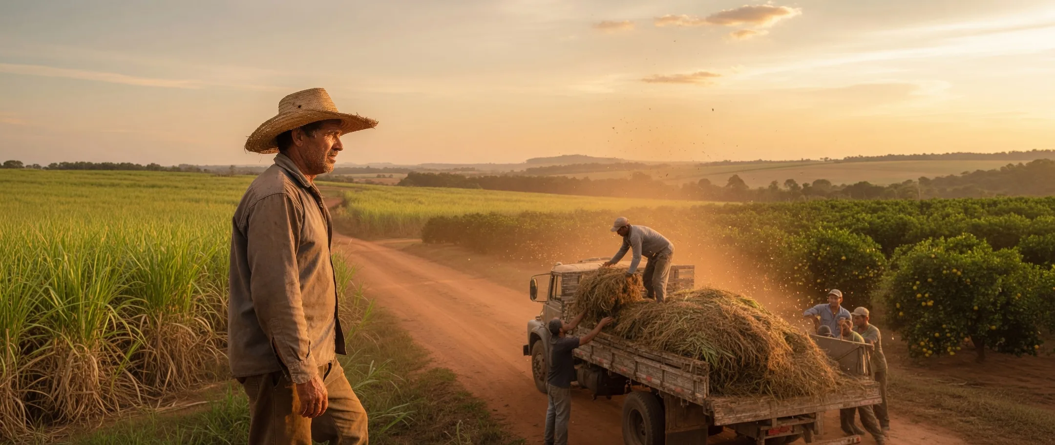 Brasilianischer Landwirt am Feldrand, im Hintergrund Arbeiter beim Beladen eines Transporters mit Ernte-Reststoffen