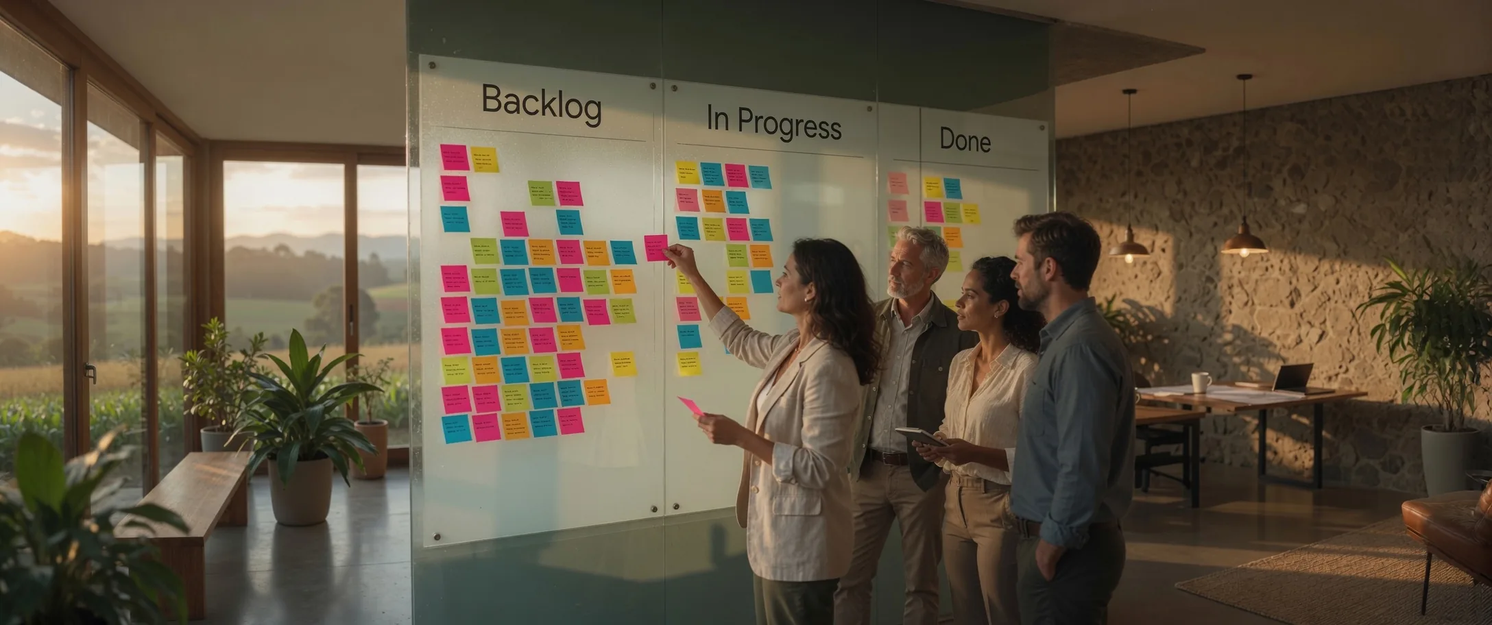 Deutsch-brasilianisches Projektteam an einem Kanban-Planungsboard